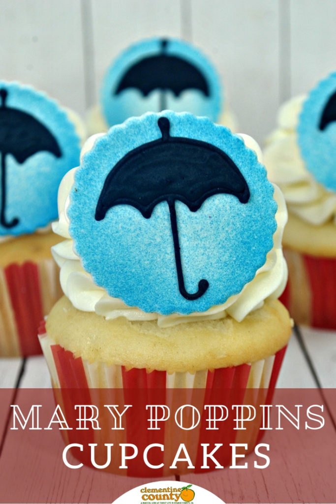 How to Make Mary Poppins Cupcakes. These DIY Mary Poppins Birthday Cupcakes are a fun way to celebrate a practically perfect party. They have umbrella fondant cupcake toppers and carousel inspired cupcake liners. #MaryPoppins #MaryPoppinsReturns #DisneyMoms
