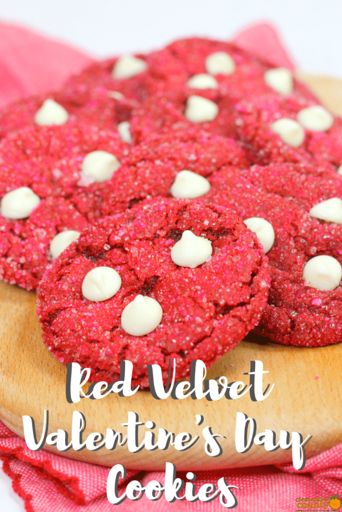 Bake some love with easy Red Velvet White Chocolate Chip Cookies. This simple recipe starts with cake mix and just a few simple ingredients. #baking #redvelvet