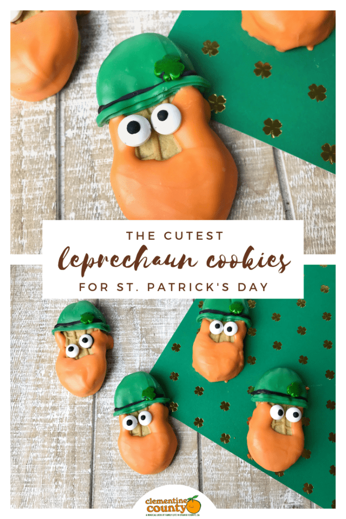 The cutest Leprechaun Cookies for St. Patrick's Day are easy! Nutter Butter Leprechaun Cookies are dipped in chocolate to make an easy March treat! #leprechauns #StPatricksDay 