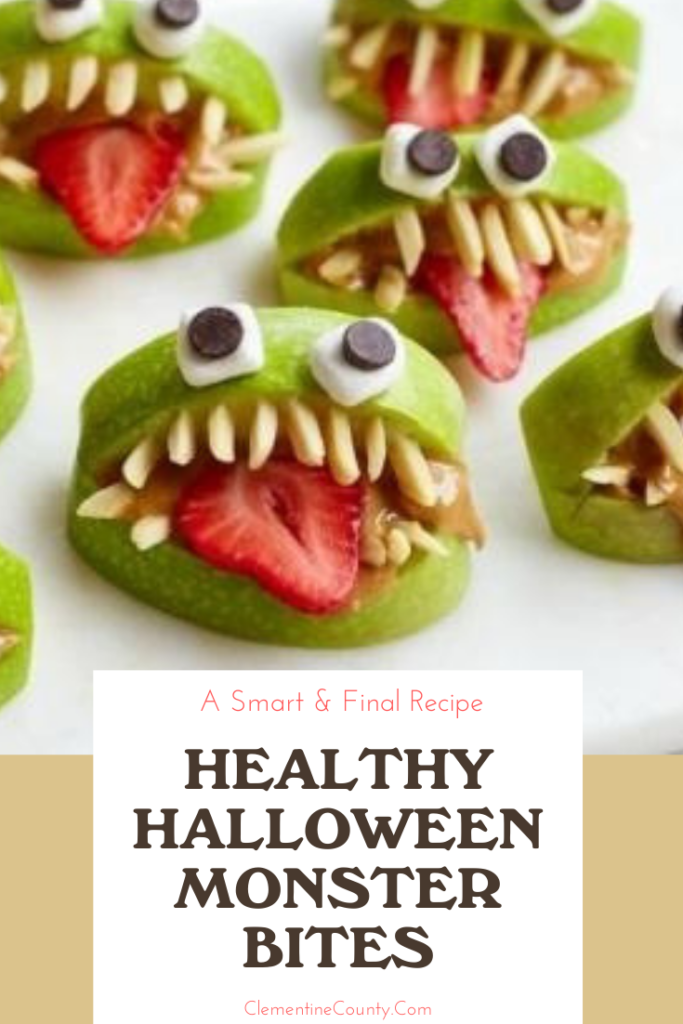 EEK!  These Healthy Halloween Monster Bites are a perfect holiday treat or snack for a class party.  The apple bites can be made for just $1.50 each with supplies from Smart & Final.  #mysmartandfinal #Halloweentreats