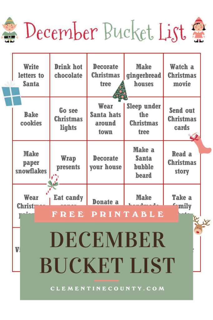 FREE Printable December Bucket List. Two options include one filled with holiday bucket list ideas & another is blank!