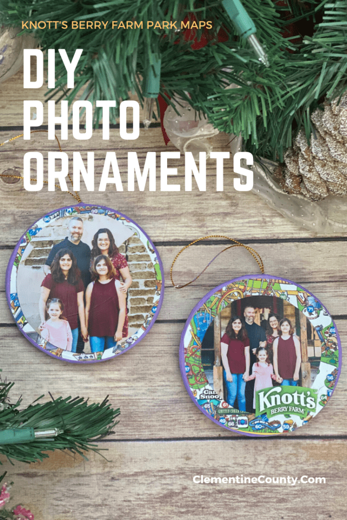 Save your theme park maps!  They're perfect for homemade sourvinrs, like these DIY Photo Ornaments.  