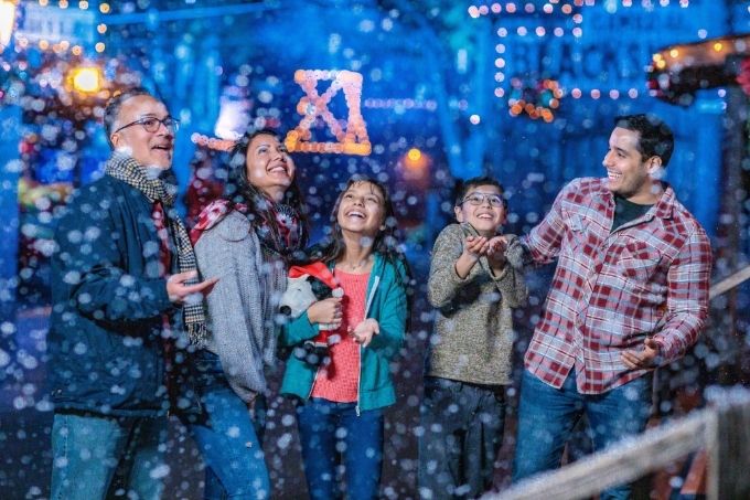 Snow in Calico during Snow and Glow at Knott's Merry Farm
